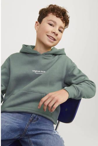 Jack & jones JUNIOR hoodie JORVESTERBRO met tekst zachtgroen Sweater Tekst 140 - Foto 3
