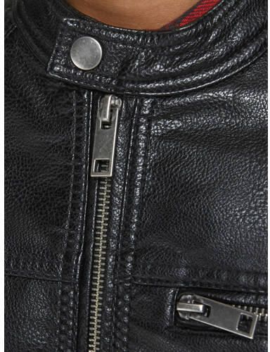 Jack & jones JUNIOR jas JJEROCKY zwart Jongens Imitatieleer Opstaande kraag 164