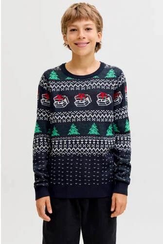 JACK & JONES JUNIOR kersttrui donkerblauw Jongens Acryl Ronde hals All over print - Foto 3
