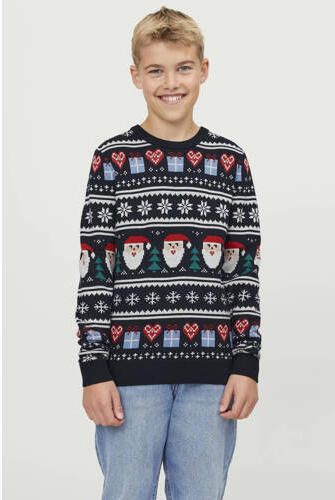 Jack & jones JUNIOR kersttrui JORFESTIVE met all over print donkerblauw Jongens Gerecycled katoen Ronde hals 152