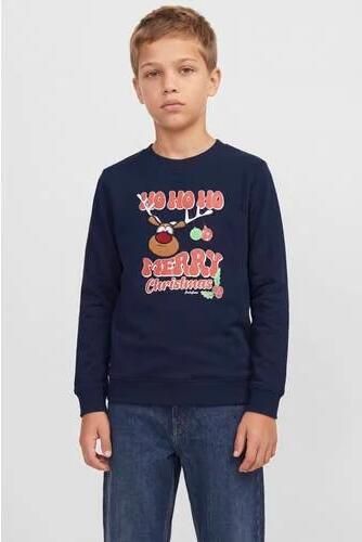 JACK & JONES JUNIOR kersttrui met print donkerblauw Sweater Printopdruk