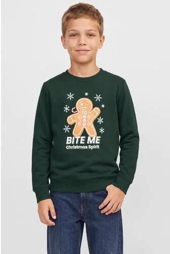 JACK & JONES JUNIOR kersttrui met print donkergroen Sweater Printopdruk