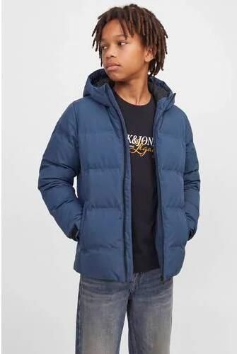 JACK & JONES JUNIOR pufferjas blauw Jongens Polyester Capuchon Effen