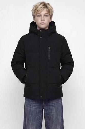 JACK & JONES JUNIOR pufferjas zwart Jongens Polyester Capuchon Effen