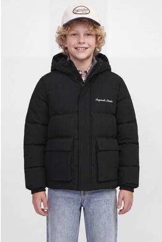 JACK & JONES JUNIOR pufferjas zwart Jongens Polyester Capuchon Effen
