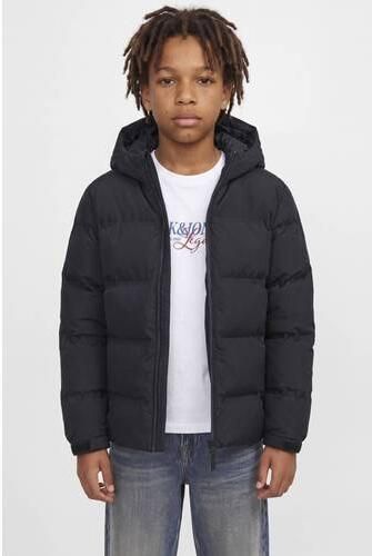 JACK & JONES JUNIOR pufferjas zwart Jongens Polyester Capuchon Effen