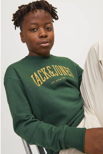 Jack & jones JUNIOR sweater JJEJOSH met tekst donkergroen geel Tekst 116 - Foto 2