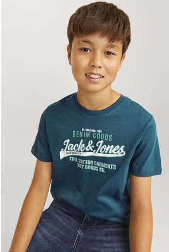Jack & jones JUNIOR T-shirt JJELOGO met logo petrol Blauw Jongens Katoen Ronde hals 128