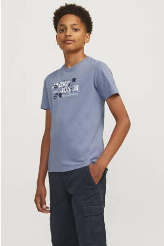 Jack & jones JUNIOR T-shirt met printopdruk grijsblauw Jongens Katoen Ronde hals 140