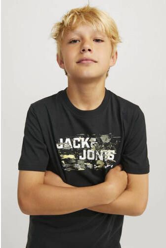 Jack & jones JUNIOR T-shirt met printopdruk zwart Jongens Katoen Ronde hals 128