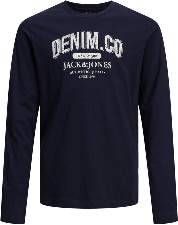 Jack & jones JUNIOR longsleeve JJEJEANS met logo donkerblauw Jongens Katoen Ronde hals 140
