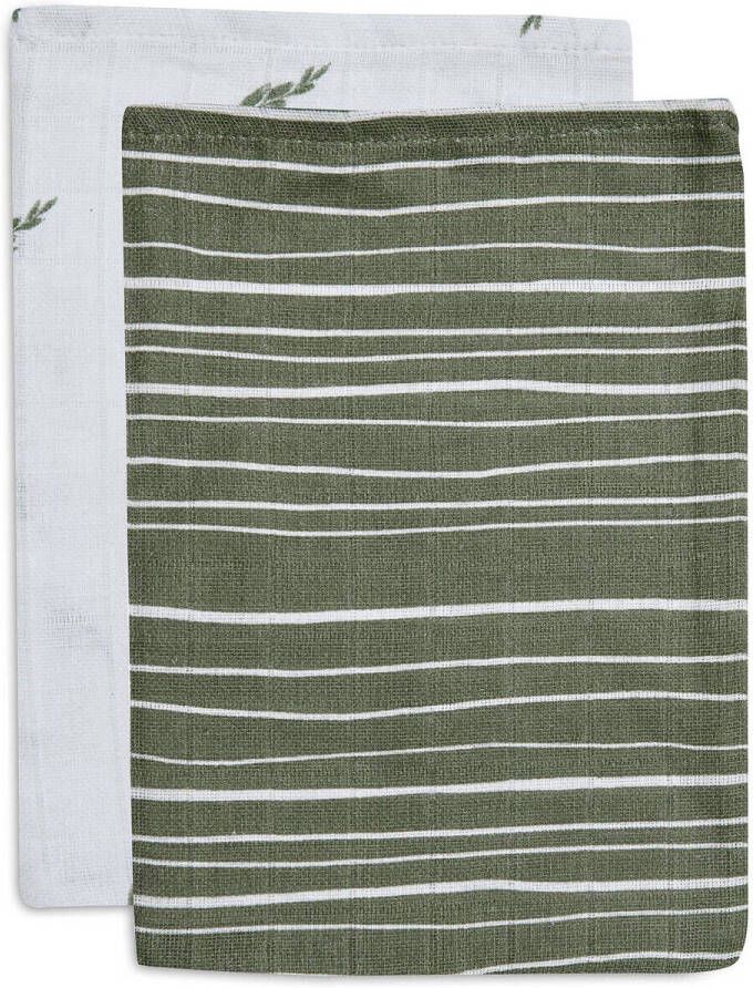 Jollein washandje Hydrofiel Stripe & Olive Leaf Green set van 2 Hydrofiele washandjes Groen