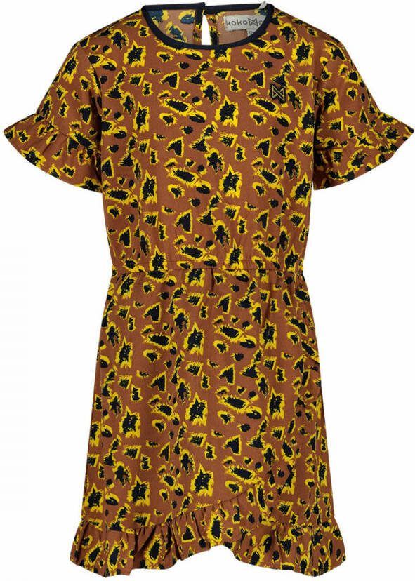 Koko Noko jurk met all over print en ruches camel zwart geel Bruin Meisjes Viscose Ronde hals 104