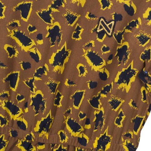 Koko Noko jurk met all over print en ruches camel zwart geel Bruin Meisjes Viscose Ronde hals 104 - Foto 2