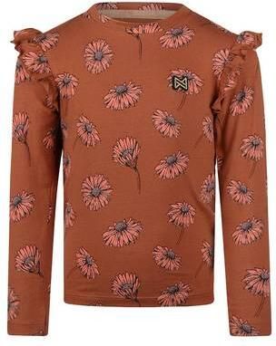 Koko Noko rechtvallende gebloemde longsleeve met ruches bruin Meisjes Stretchkatoen Ronde hals