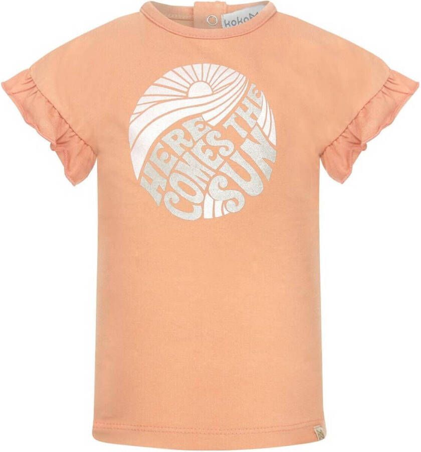 Koko Noko T-shirt met printopdruk en ruches oranje Meisjes Stretchkatoen Ronde hals 104