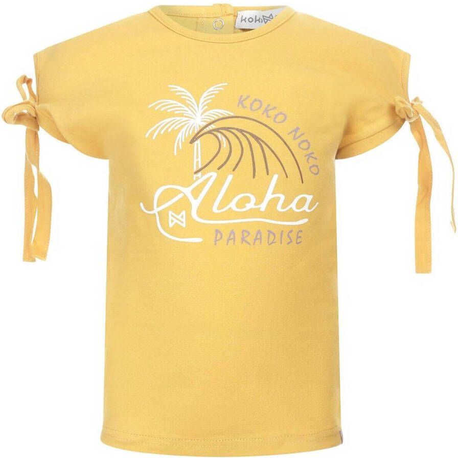Koko Noko T-shirt met printopdruk geel Meisjes Stretchkatoen Ronde hals 110