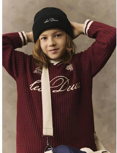 Les Deux oversized sweater met wafelstructuur donkerrood Jongens Katoen Polokraag - Foto 4
