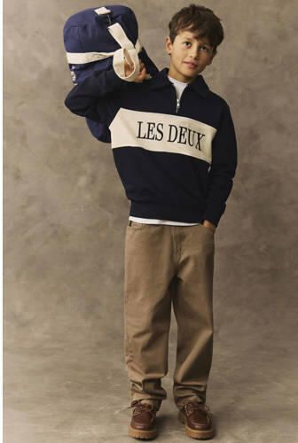 Les Deux rechtvallende sweater met logo donkerblauw Jongens Katoen Polokraag