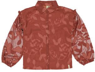 LEVV blouse met ruches en print terra Oranje Meisjes Polyester Klassieke kraag