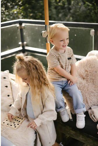LEVV T-shirt MASON met all over print kameel wit Bruin Jongens Katoen Ronde hals 104 - Foto 2