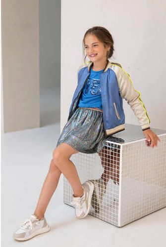 Like Flo jurk met ruches blauw multicolor Meisjes Viscose Ronde hals Meerkleurig 110