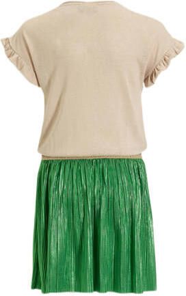 Like Flo jurk met ruches groen beige Meisjes Viscose Ronde hals Meerkleurig 110