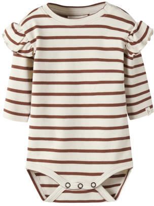 LIL' ATELIER BABY katoenen gestreepte romper met ruches offwhite bruin - Foto 3