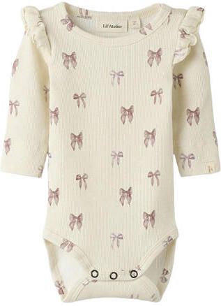 LIL' ATELIER BABY romper met ruches en print ecru roze Meisjes Stretchkatoen Ronde hals - Foto 4