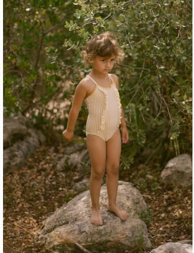 LIL' ATELIER MINI badpak NMFFARROW met ruches geel wit Meisjes Polyester 116 - Foto 3
