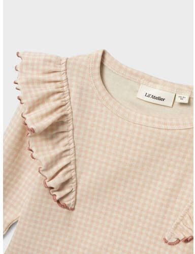 LIL' ATELIER MINI geruite longsleeve lichtroze ecru Meisjes Katoen Ronde hals 122 128