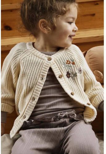 LIL' ATELIER MINI grofgebreid vest NMFEMLEN met printopdruk en borduursels ecru Meisjes Katoen Ronde hals 122 128