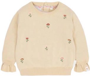 Little Dutch katoenen gebreide gebloemde trui met ruches beige Bloemen