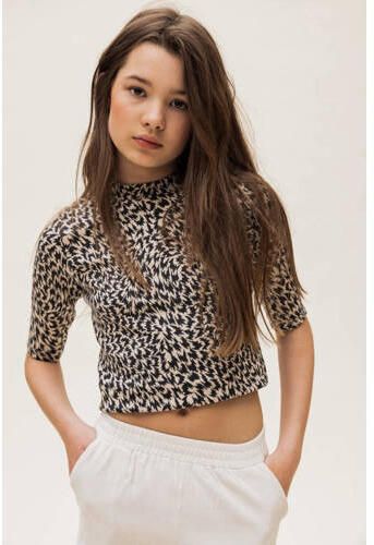 LOOXS 10sixteen crop top met all over print antraciet beige Grijs Meisjes Katoen Opstaande kraag 128 - Foto 1