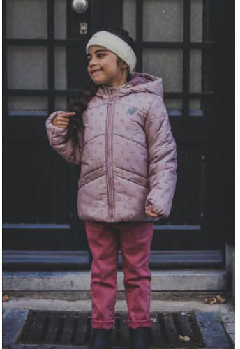 LOOXS little gewatteerde winterjas met all over print roze Meisjes Polyether Capuchon 134