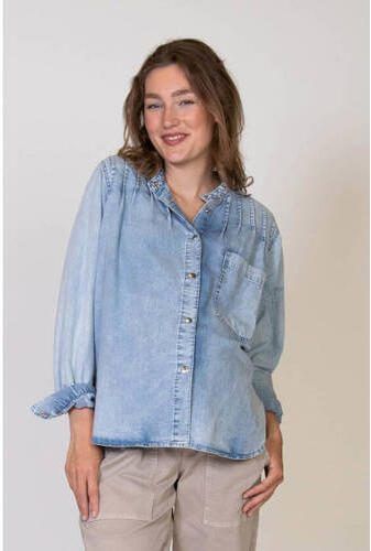 Love2wait denim zwangerschapsblouse light blue denim Blauw Effen XS - Foto 2