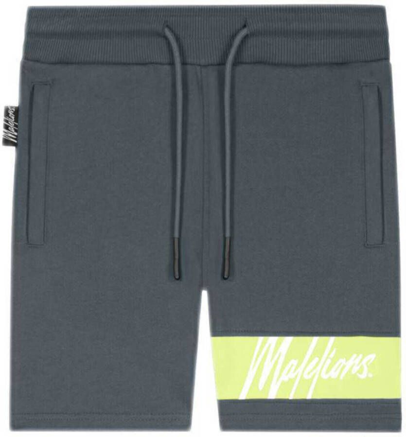 Malelions regular fit short met logo grijs limegroen