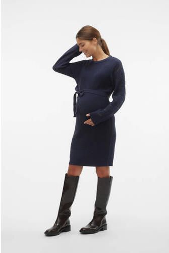Mamalicious gebreide zwangerschapsjurk MLNEWLINA met ceintuur donkerblauw Dames Acryl V-hals XL - Foto 4