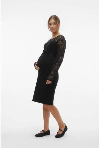 Mamalicious zwangerschapsjurk met kant zwart Dames Viscose Ronde hals Effen M