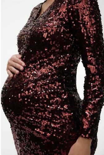 Mamalicious zwangerschapsjurk MLPARTY met pailletten donkerrood Dames Polyester V-hals XL - Foto 2