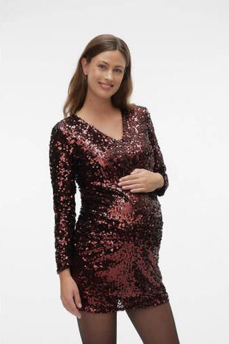 Mamalicious zwangerschapsjurk MLPARTY met pailletten donkerrood Dames Polyester V-hals XL - Foto 4