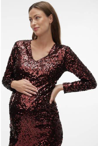 Mamalicious zwangerschapsjurk MLPARTY met pailletten donkerrood Dames Polyester V-hals XL - Foto 3
