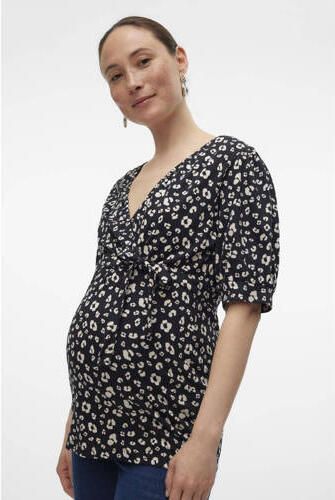 Mamalicious zwangerschapstop MLHAZELA met all over print en overslag detail zwart wit Dames Biologisch katoen V-hals XXL - Foto 3