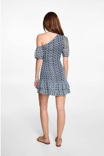 Mango Kids A-lijn jurk met all over print en volant donkerblauw wit Meisjes Polyester One shoulder 152(XXS)