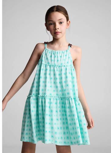 Mango Kids A-lijn jurk met all over print mintgroen wit Blauw Meisjes Katoen Ronde hals 128