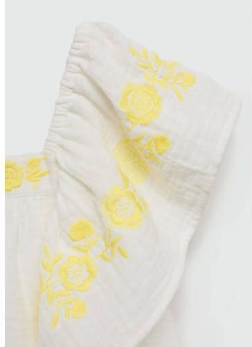 Mango Kids A-lijn jurk met borduursels wit geel Meisjes Mousseline Vierkante hals 146