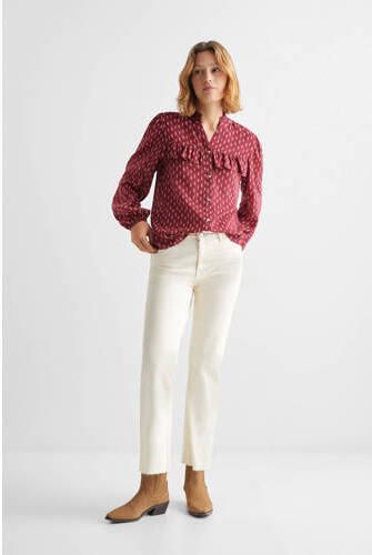 Mango Kids blouse met all over print en ruches donkerrood ecru Meisjes Modal V-hals 152(XXS)