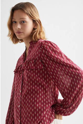 Mango Kids blouse met all over print en ruches donkerrood ecru Meisjes Modal V-hals 152(XXS) - Foto 3