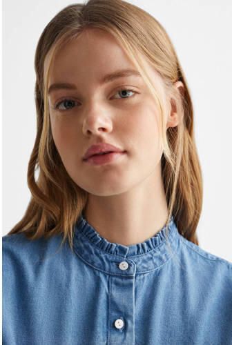 Mango Kids blouse middenblauw Meisjes Denim Opstaande kraag Effen 152(XXS) - Foto 3