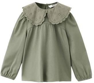 Mango Kids blousetop met borduursels middengroen Meisjes Katoen Peter Pan-kraag